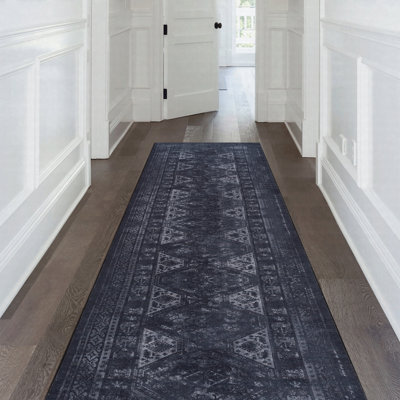 Black Gray Chenille Machine Washable Non-Slip Low-Pile Runner Rug 2'6'' x 10' Black Gray