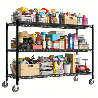 Storage Shelves, 3-Tier Adjustable Wire Shelving Unit with Wheels, Heavy-Gauge Steel Organizer Rack, Rolling Metal Shelf for Garage Kitchen Pantry Laundry Room Basement