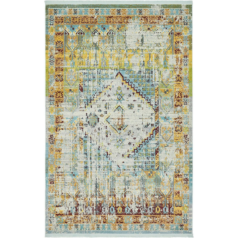 Bleu oriental/crème Tapis décoratif, Rectangle 5 pi 5 po x 8 pi