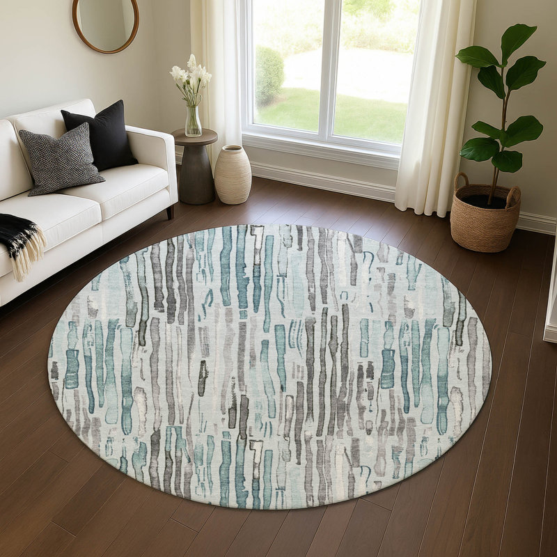 Tapis à rayures Mehara AMF1684 lavable à la machine de qualité supérieure, Rond 8 pi