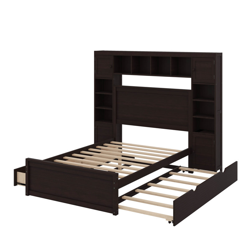 Lit double en bois avec armoire, tablette et prises, lit gigogne simple, Espresso
