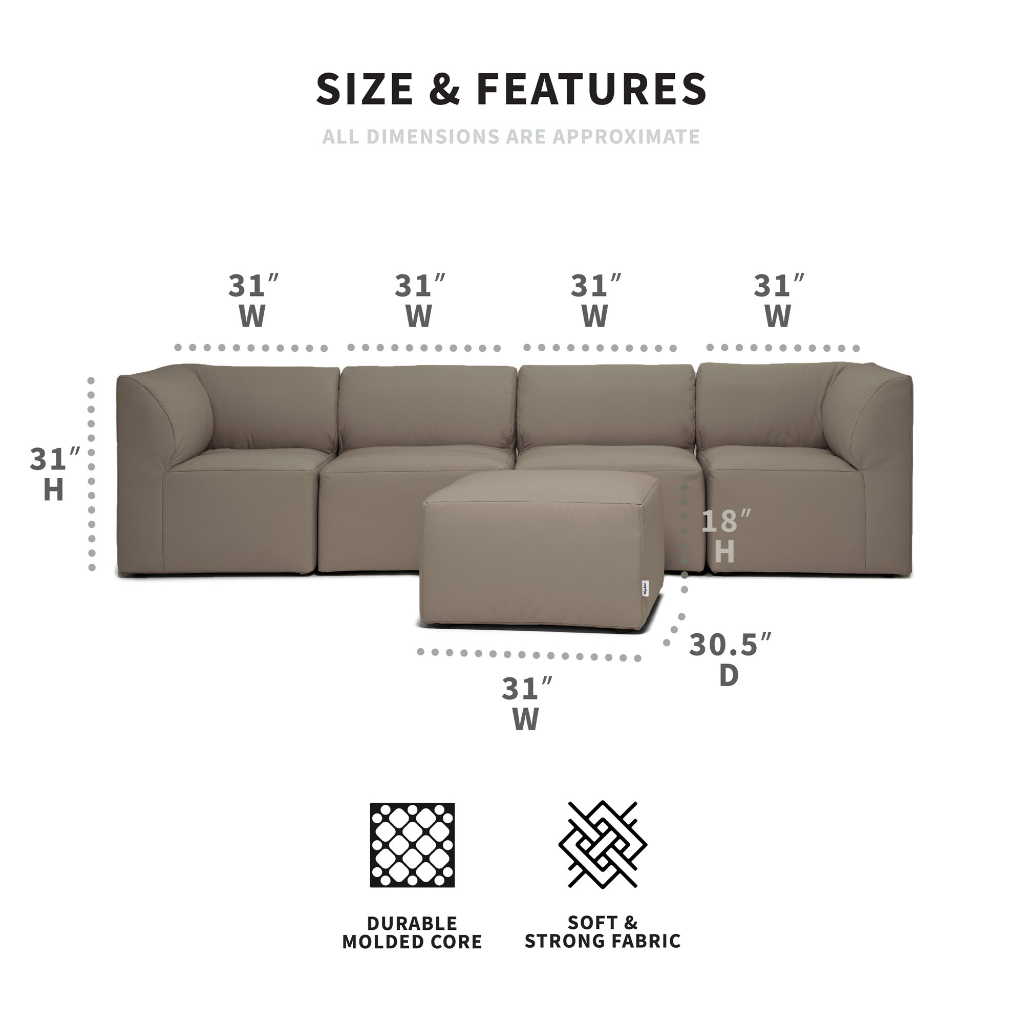 Big Joe Patio 5 Piece Outdoor Sectional, Castor Gray