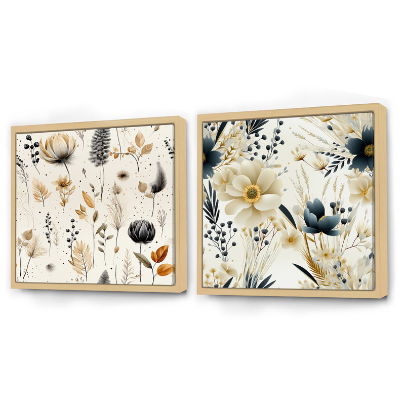 Fleurs géométriques grises et beiges - ensemble de 2 carrés botaniques abstraits, Cadre flottant brun, H 16 po x l 33 po