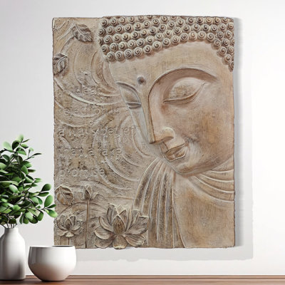 Buddha Wall Art 3D Living Room Decor, Beige Fiberglass 22 inch 56 cm