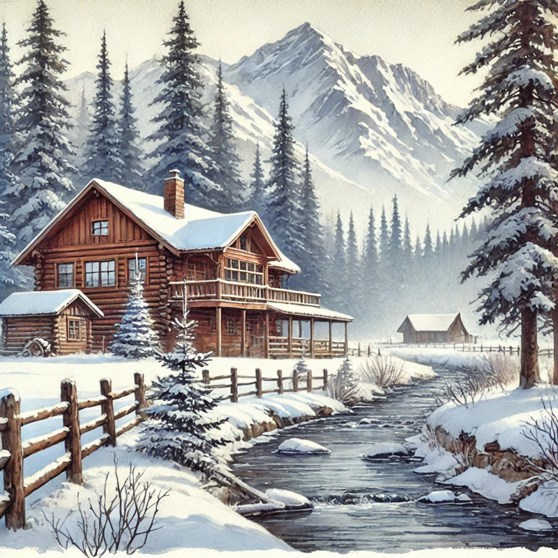 «Winter Cabin Escape: Snowy Mountain Landscape», art mural sur toile tendue, H 20 po x l 20 po x P 1,5 po