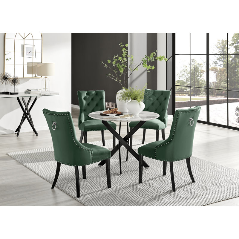 Tierra Modern Chrome Metal & Glass Round Dining Table Set with 4 Luxury Button Velvet Chairs