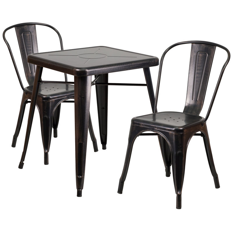 Geneen 23.75'' Square Metal Indoor-Outdoor Table Set with 2 Stack Chairs, Black / Antique Gold