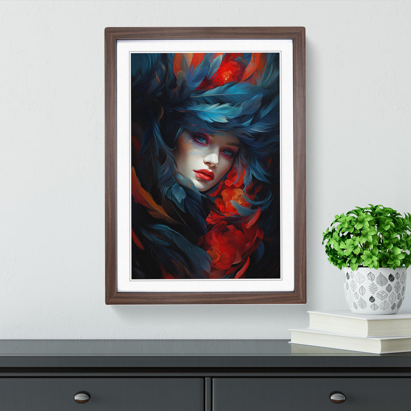 Feather Tachisme No.2 - Single Picture Frame Print on Wood, Walnut, 46cm H x 34cm W x 2cm D