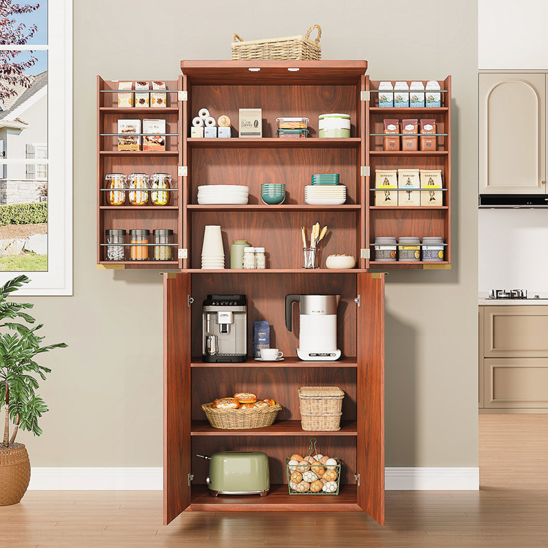 Armoire de rangement pour garde-manger moderne en bois cannelé avec 6 tablettes de porte, organisateur et armoire polyvalente pour une utilisation efficace de l'espace
