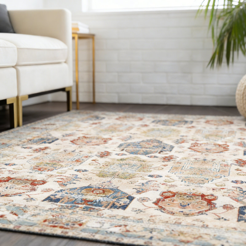 Bohemian Vintage Oriental Area Rug, Soft Faux Wool Floral Medallion Carpet, Non-Slip Washable