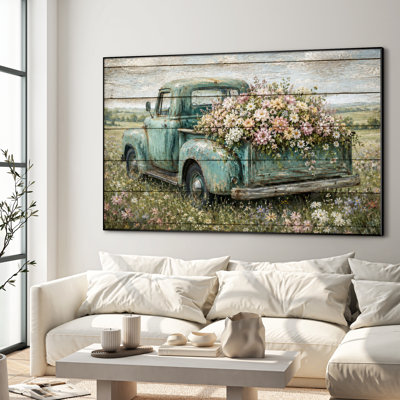 Très grand art mural imprimé sur tissu vert - Camion à fleurs rétro décor de salon de campagne - "Assemblage requis (cadre non fini)"