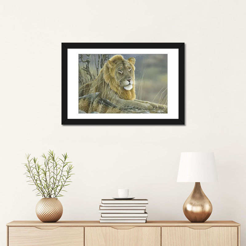 « lion », impression sur toile, Papier d'art encadré noir, Blanc, H 16 po x l 24 po x P 1 po