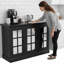 Armoire de rangement de 45 pouces de largeur avec trois portes en miroir en miroir et des armoires latérales avec tablettes réglables, idéales pour les salons, les salles à manger et les cuisines.-79576805