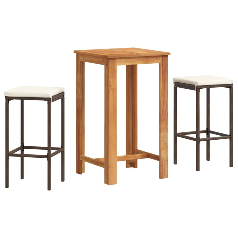 Ensemble de bar de patio 3 pièces Wildon Home® en bois massif d'acacia et de rotin de polyester, Blanc, Brun