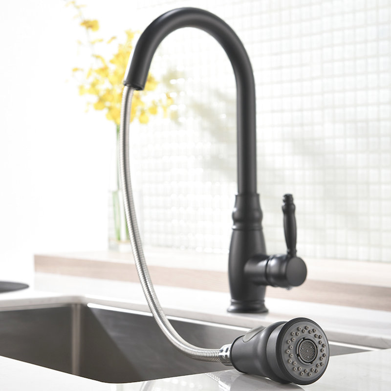 Robinet de cuisine noir avec bec rétractable - Style moderne, poignée simple pour une utilisation facile et utilisation polyvalente de l'eau.