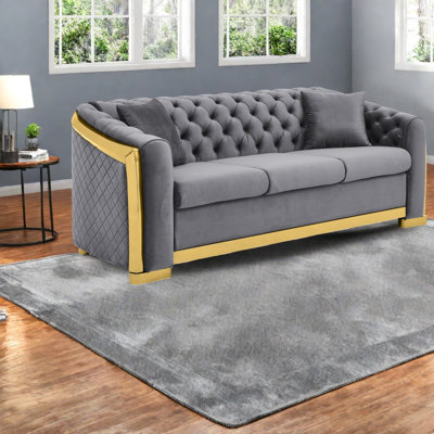 Grands canapés modernes Chesterfield en velours de 81 pouces, acier doré pour la maison