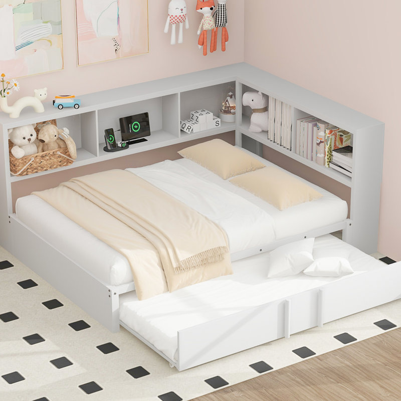 Lit de jour en métal blanc avec couchette, rangement et motif