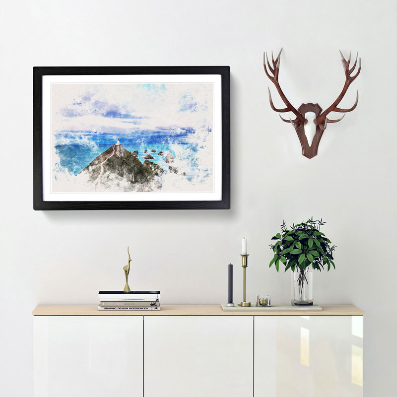 Lighthouse & Seascape New Zealand - Picture Frame Painting Print, Black Framed, 62cm H x 87cm W x 2cm D