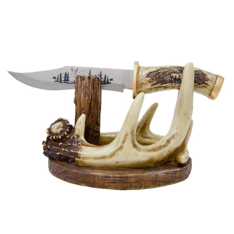Metal Rustic Deer Buck Blade Knife Carved Handle with Faux Antler Display Stand