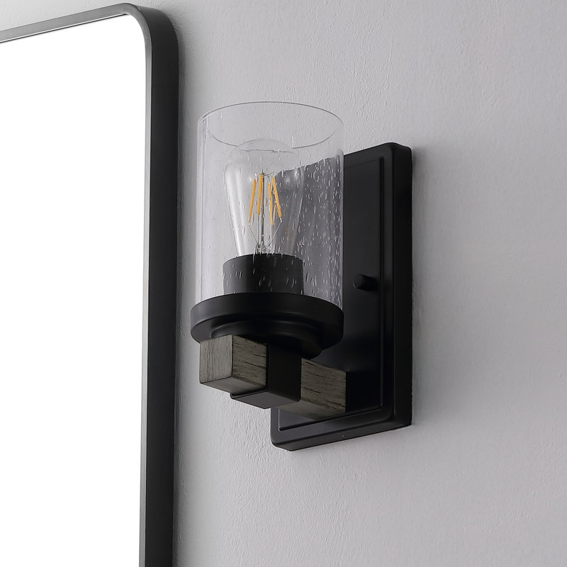 Borth Iron/Seeded Glass Rustic Farmhouse LED Vanity Light, 1 Light, Matte Black/Gray Oak
