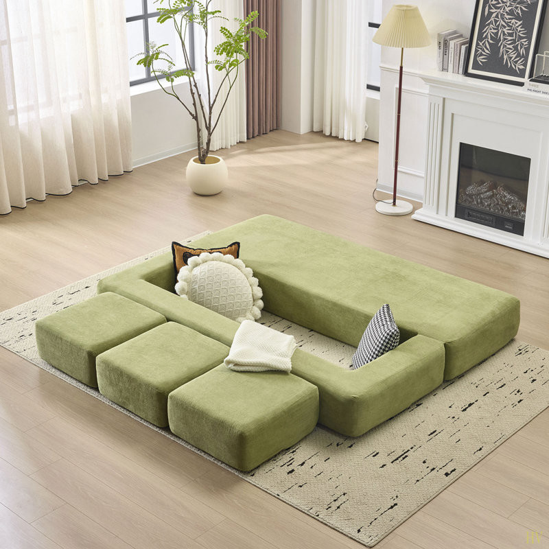 Canapé modulaire convertible avec 3 repose-pieds Ebern Designs - Lit en mousse haute rebond, canapé en chenille peu encombrant pour les studios et les bureaux à domicile.