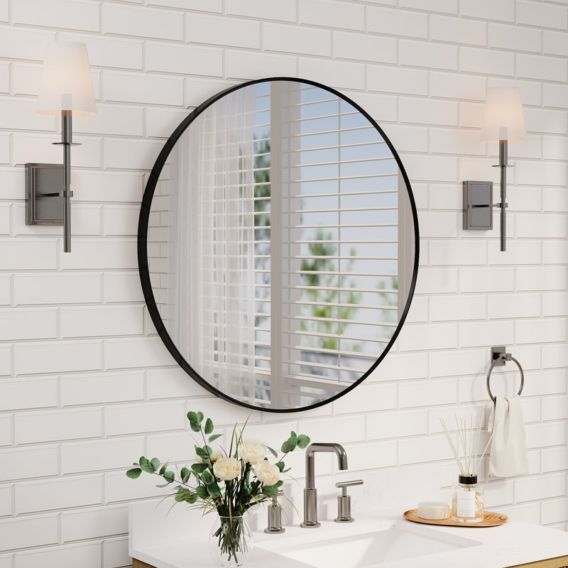 Miroir de salle de bain mural moderne en aluminium anodisé, 32 po x 32 po, Noir mat, Rond