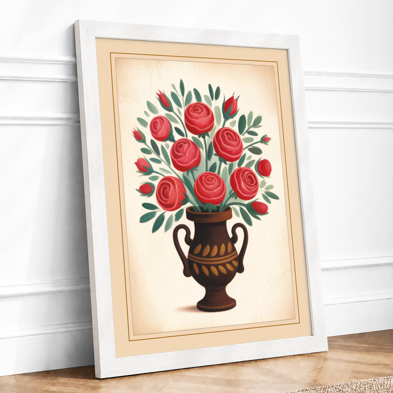 Crimson Roses in Urn Botanical - Framed Print, A1 - 84.1 x 59.4 cm, White