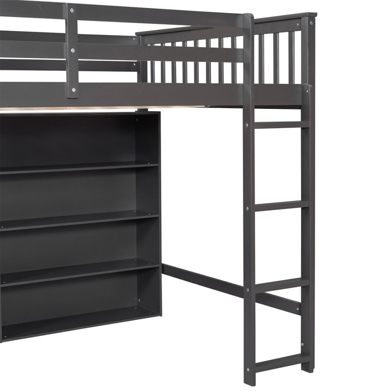 Lit mezzanine en bois de 62,2 po de hauteur avec tablettes de rangement et lit encastré avec échelle intégrée, Double, Gris