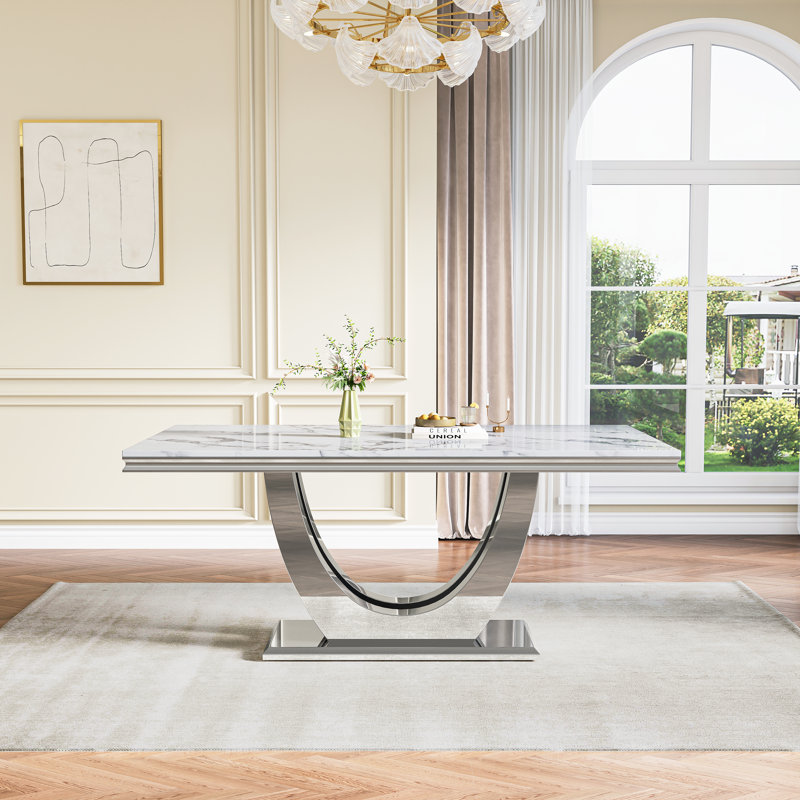 70.08" Luxury Rectangular Dining Table With Mirrored Double U-Base, White, Silver