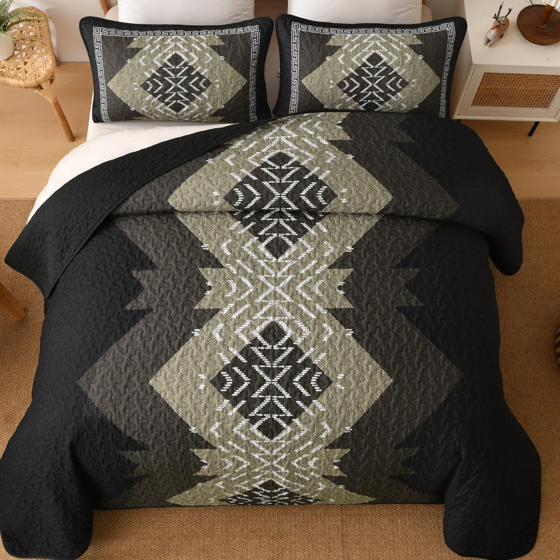 3-Piece Boho Aztec Western Quilt Set Textured Bedspread Coverlet with Pillowcases for All Seasons, King Quilt + 2 Pillowcases