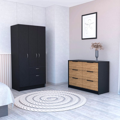 Ensemble de chambre à coucher 2 pièces, armoire et commode, wengé et pin