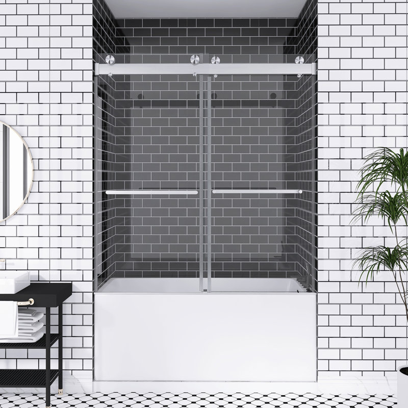 56-60 In. W X 62 In. H Double Sliding Frameless Bathtub Shower Door | Silent Soft Close | 5/16 Inch Thick  Tempered Glass With  Easy To Clean Coating | Reversible Installation | Brushed Nickel
