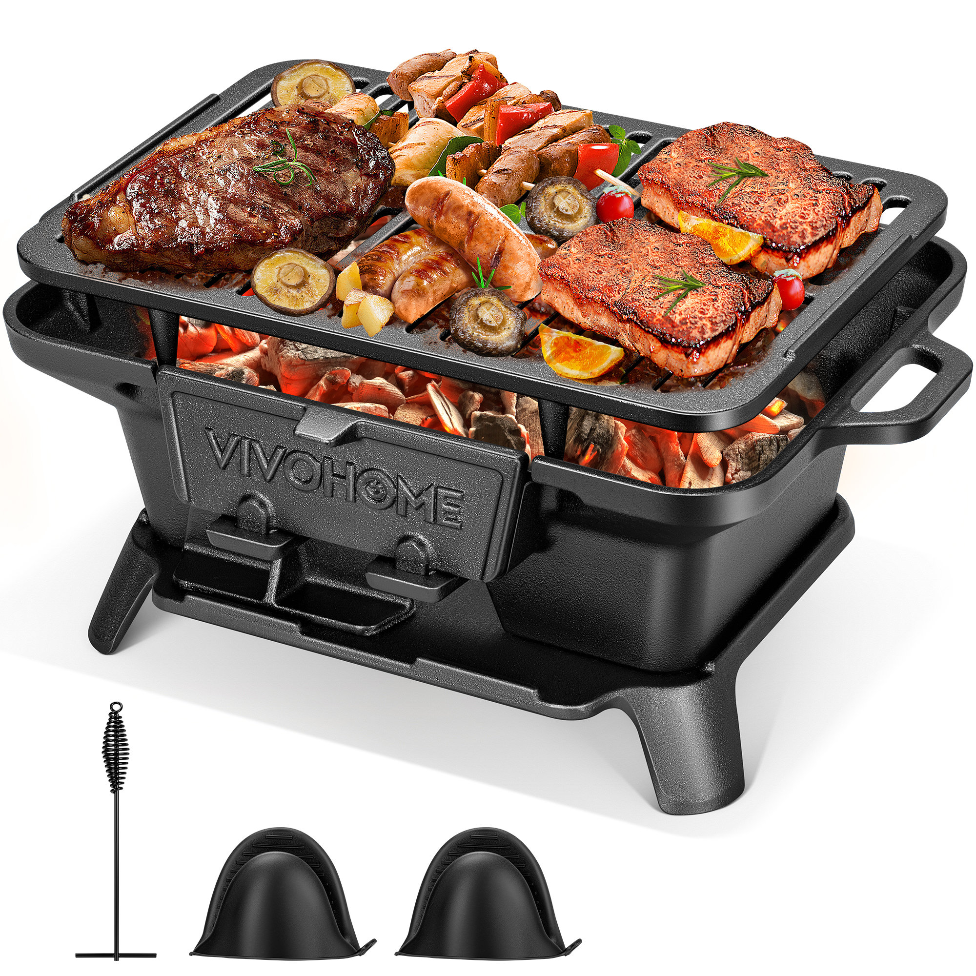 VIVOHOME Rectangle Cast Iron Charcoal Grill With Double-sided Grate ...