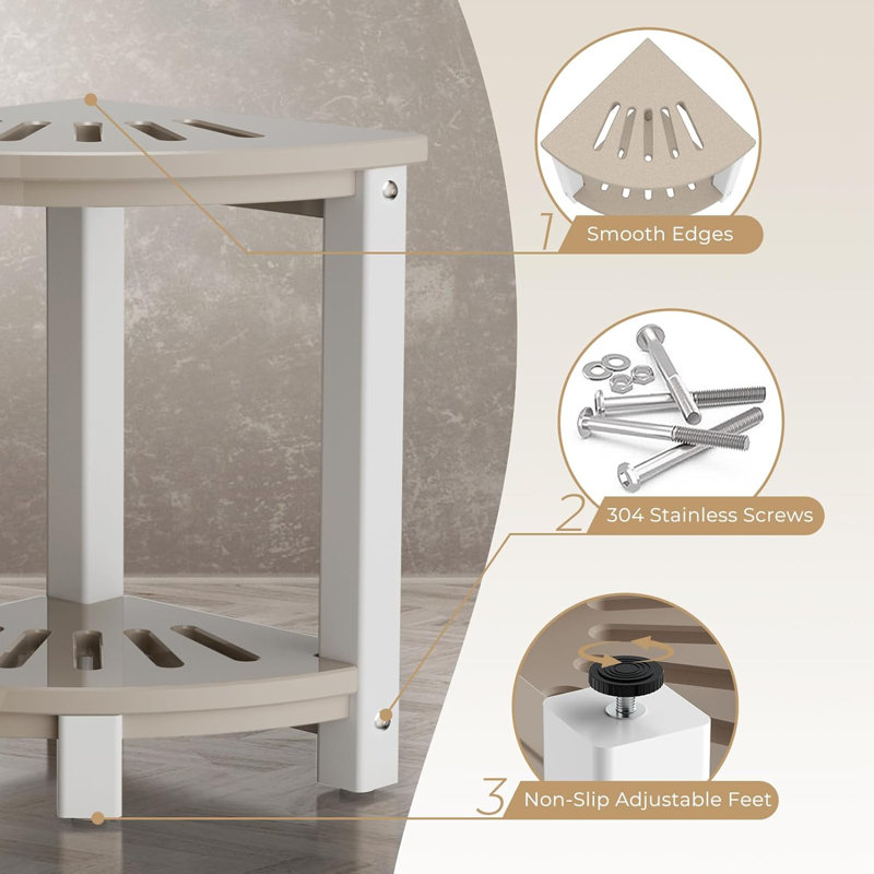Wood and White Corner Shower Stool with Storage Shelf