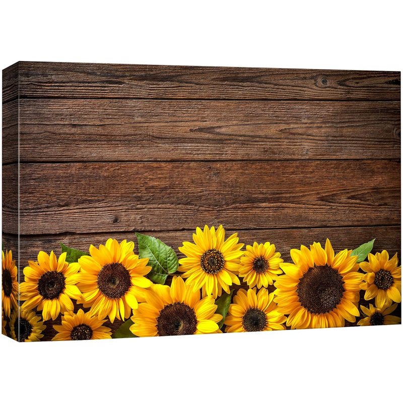 Tournesol «Sunflower Bunch On Wooden Table Plants» sur toile, H 24 po x l 36 po