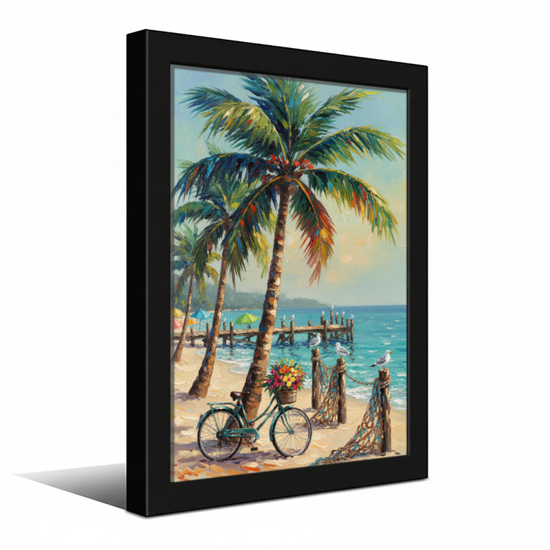 Plantes et fleurs, plage tropicale avec palmiers et bicyclette, H 30 po x l 20 po, Toile tendue, Ne s’applique pas