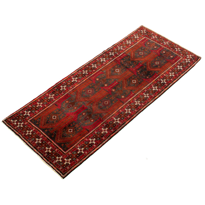 Tapis de couloir en laine noué à la main des années 1980 de conception unique 3 pi 11 po x 9 pi 5 po Tapis décoratif rouge