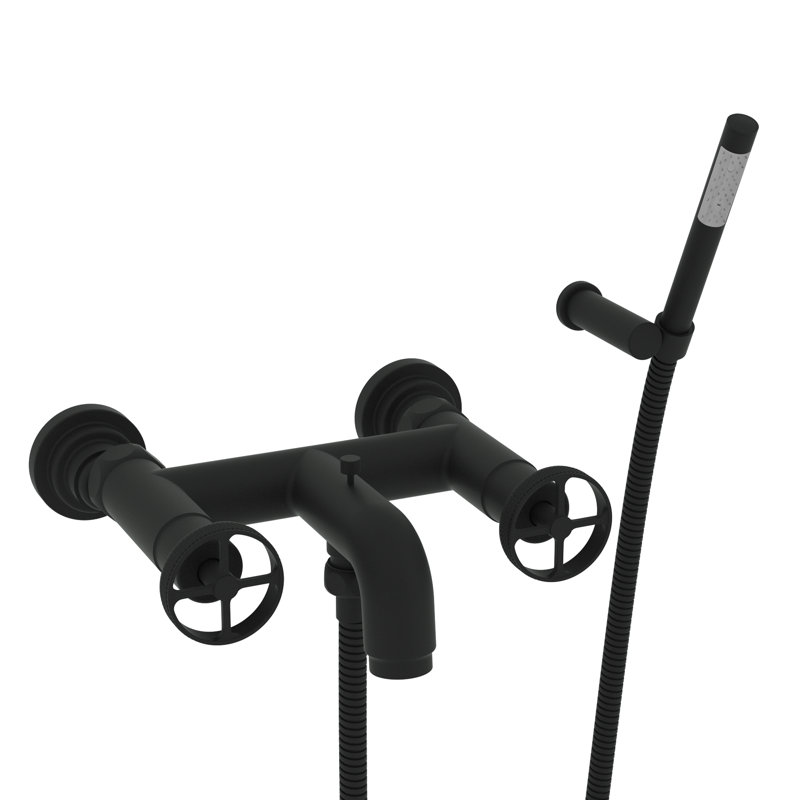Campo Exposed Wall Mount Tub Filler, Matte Black, Industrial Metal Wheel Handle