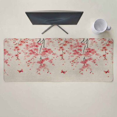 Pink Floral Blossom Mouse Pad Gaming Desk Mat for Keyboard and Mouse, Spring Pastoral Botanical Vintage Large Mouse Pad with Non-Slip Base, Decorative Mousepad for Game Office Home, 15.7 x 35.54 inComes with a pure white mug