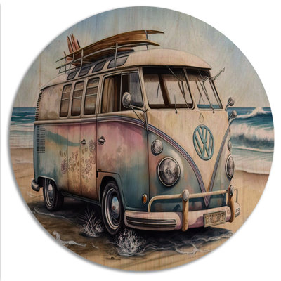 70S Surfing Van At The Beach I - Art mural en bois de plage - Bois de pin naturel