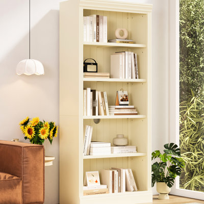 83.4" High Storage Bookcase With Led And Adjustable Shelving, Suitable For Office Living Room Decor, Beige Yellow Decorative Bookshelf Strip Shelves, Cable Hole Neat Cables, +