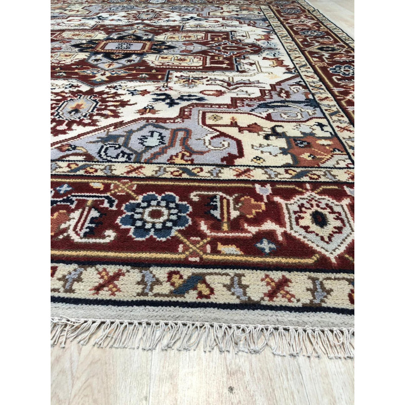 Ivory Hand-Knotted Wool Floral Bordered Medallion Geometric Modern Contemporary Carpet Rug, 8' x 10'
