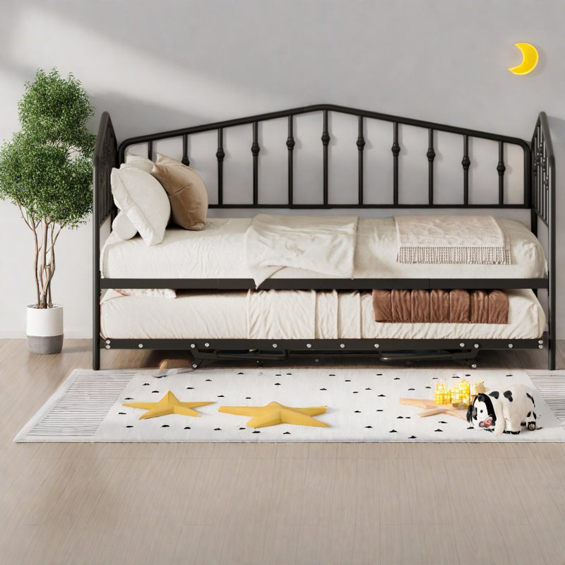 Lits jumeaux extensibles, lit de jour moderne en métal noir avec lit gigogne portatif pour la maison, Black