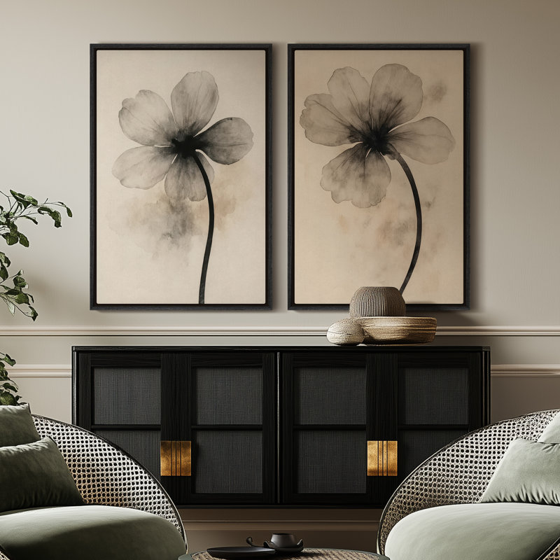 Art mural encadré sur toile - Neutres motifs floraux abstraits - 24 po x 36 po, H 36 po x l 24 po, Noir