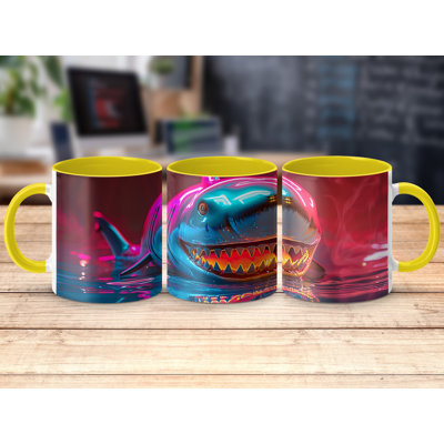 3D Design 11oz Accent Mugs – Ceramic Coffee Cup with a Yellow Handle and Interior