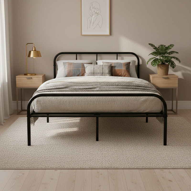 Stevenage Modern Metal Platform Bed Frame with Curved Headboard, Double (4'6), Black