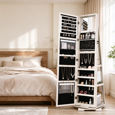 3-in-1 Jewellery Cabinet, Lockable Jewellery Armoire Storage Unit with Full-Length Mirror and Display Shelf, Home Bedroom Dressing Room Cosmetics Jewellery Organiser, 360° Swivel, White