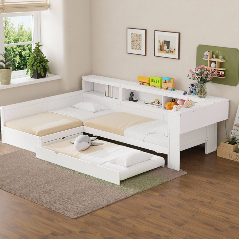 Lit plateforme simple en bois avec lit gigogne et tiroir en bois L, Blanc