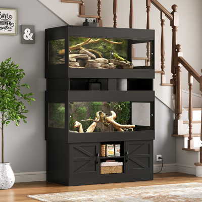 Terroute Dual 120 Gallon Reptile Tank with Stand,4x2x2 Reptile Enclosure,Bearded Dragon Tank,Reptile Terrarium with Cabinet,Sliding Doors for Snakes,Lizards,Built-in Power Outlet Black CAGE002B