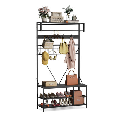 Arbre d'entrée 5-en-1 avec banc, rangement pour chaussures et 9 crochets, tablette réglable